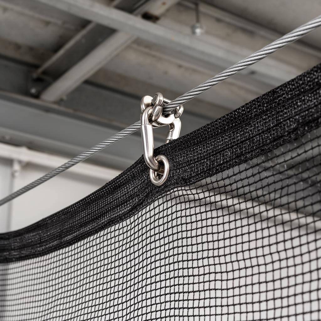 Detail of stainless cable and bird netting hardware on commercial structure